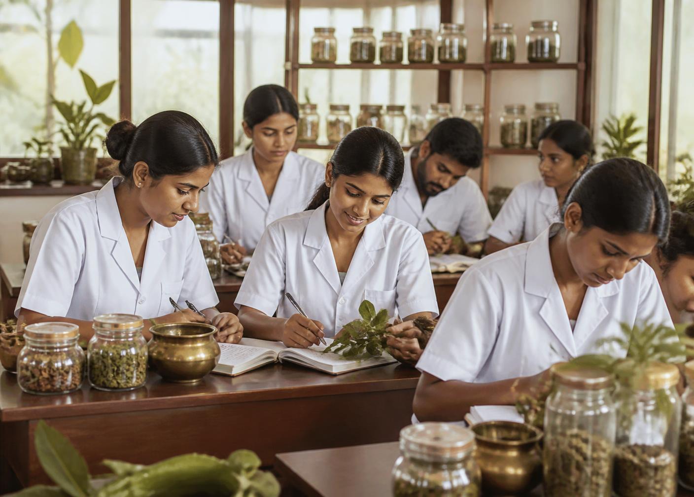 Students in white coats studying medicinal herbs in an Ayurvedic training classroom