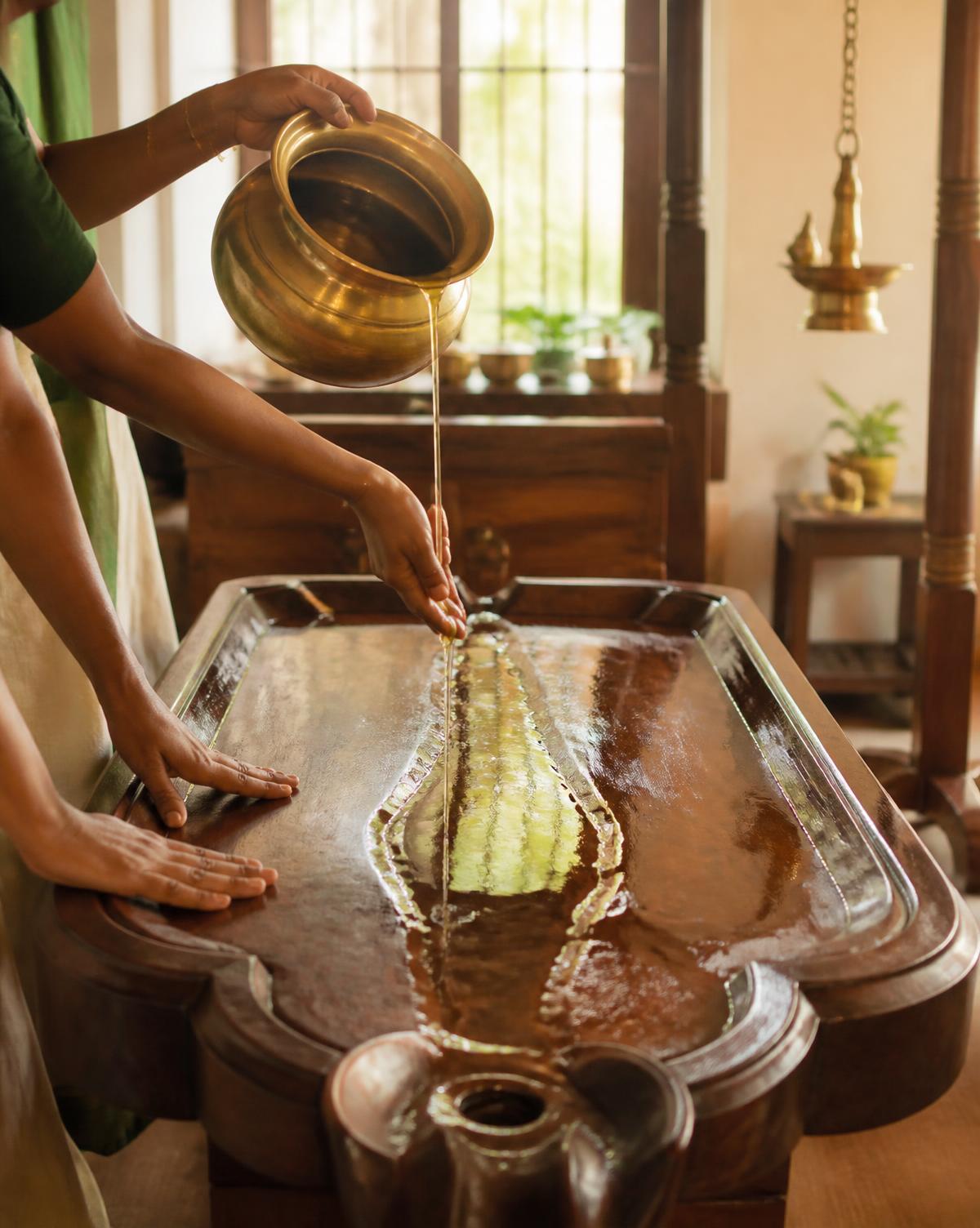 Warm herbal oil poured from a brass vessel over a traditional wooden treatment table